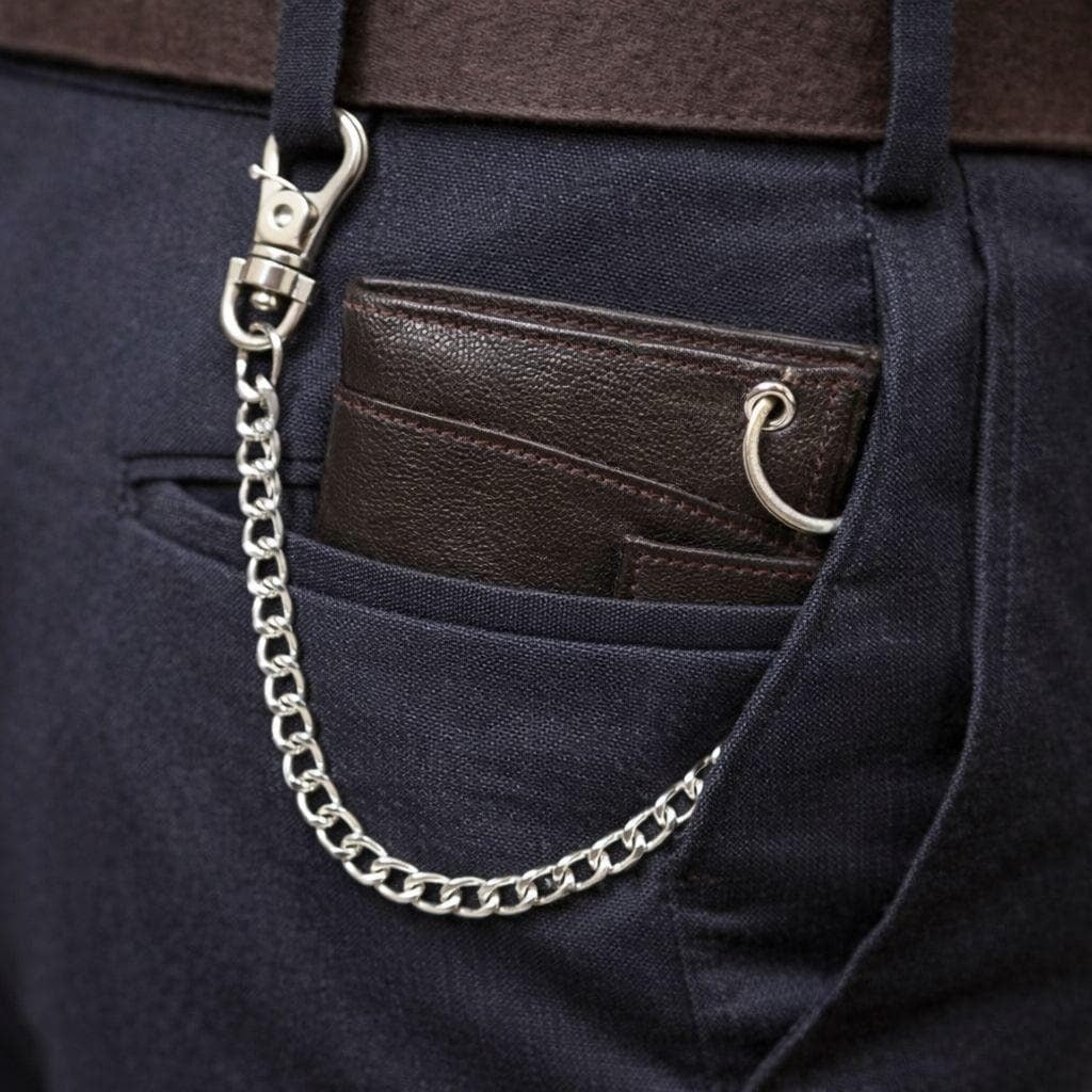 Premium Genuine Leather Chain Wallet RFID Blocking Trifold Wallet with Metal Chain Stylish Black Biker Wallet