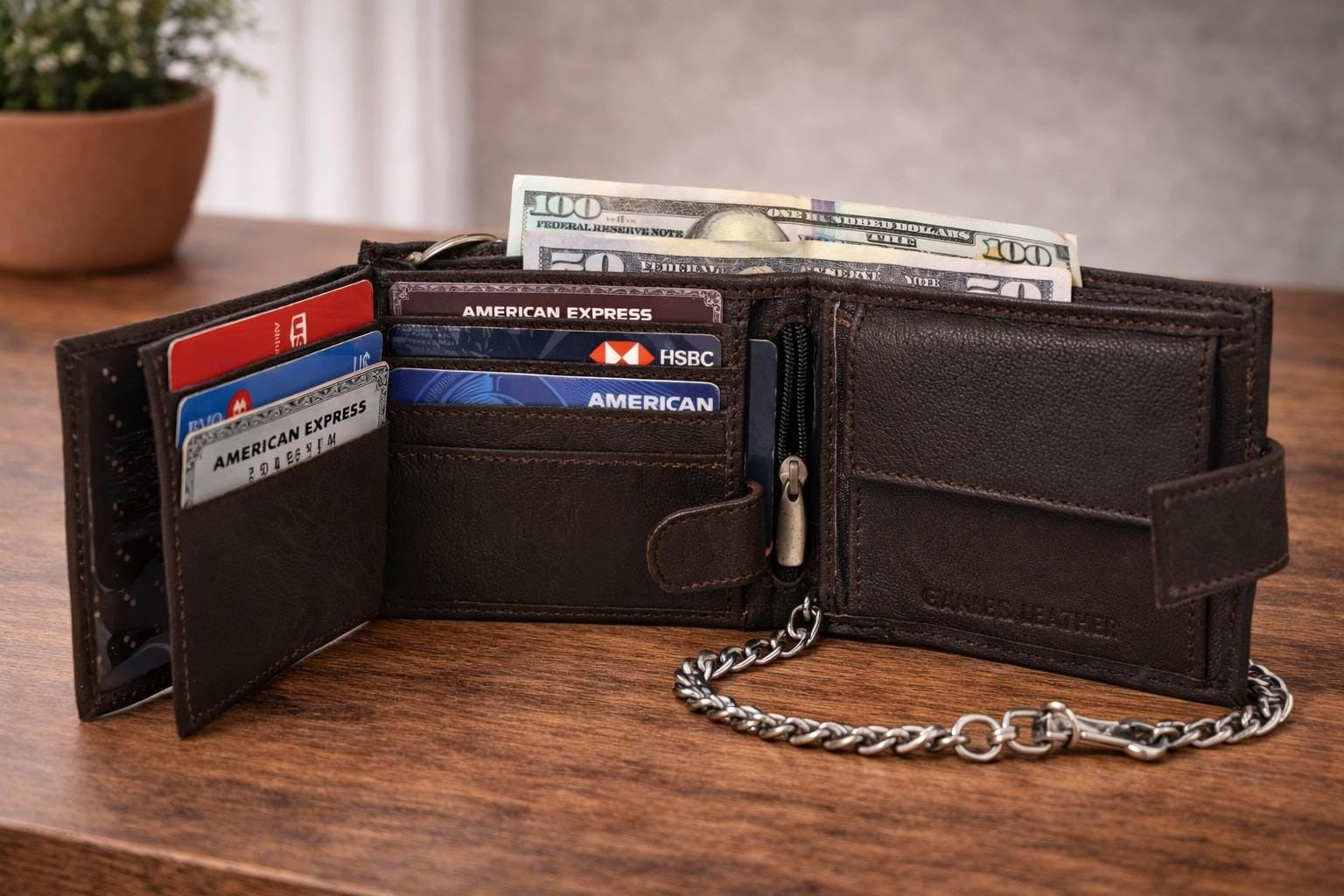 Premium Genuine Leather Chain Wallet RFID Blocking Trifold Wallet with Metal Chain Stylish Black Biker Wallet
