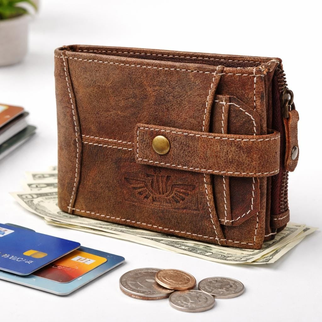 Unisex Genuine Leather Wallet RFID Blocking Trifold Wallet with Zipper & Coin Pocket Leather Wallet