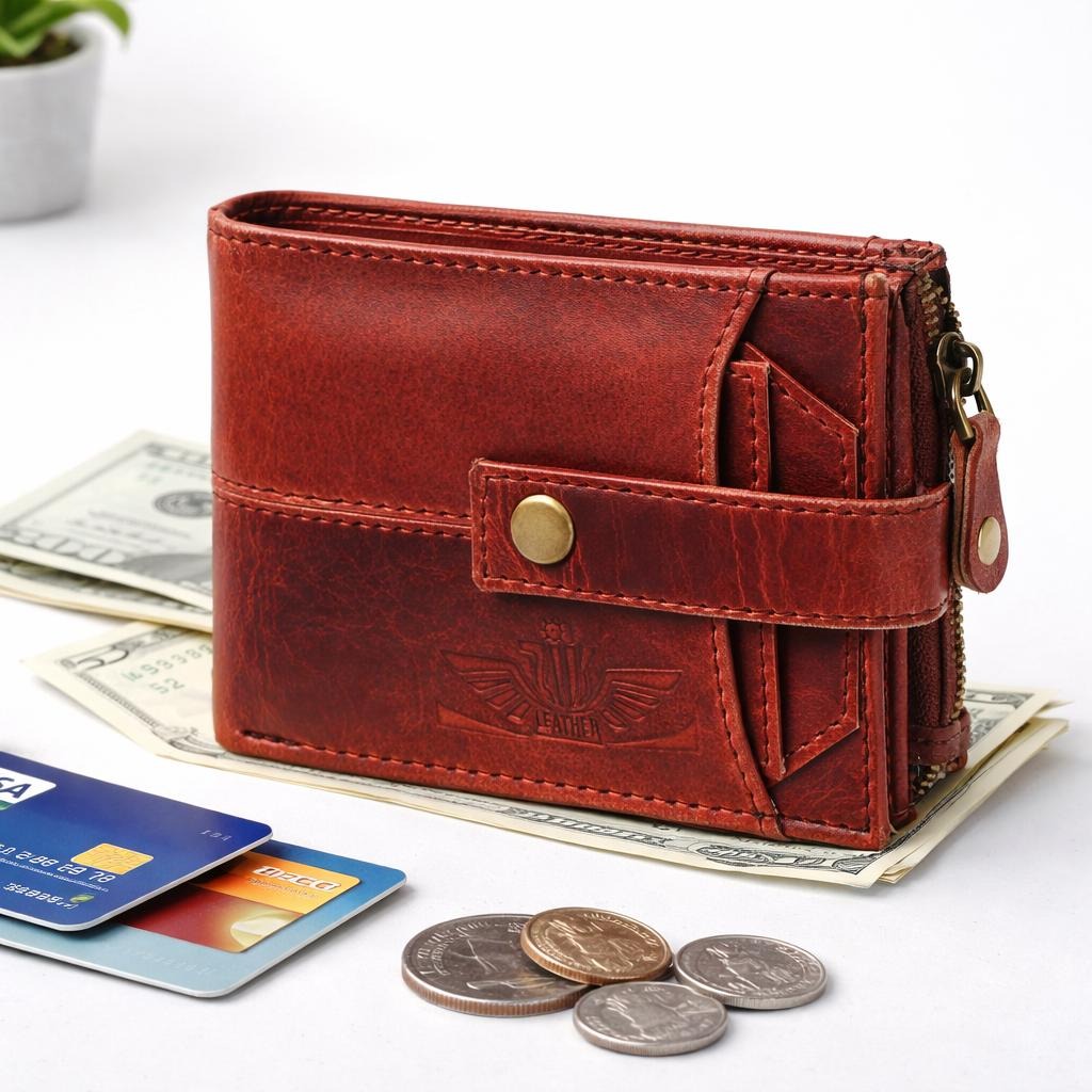 Unisex Genuine Leather Wallet RFID Blocking Trifold Wallet with Zipper & Coin Pocket Premium Brown Leather Wallet