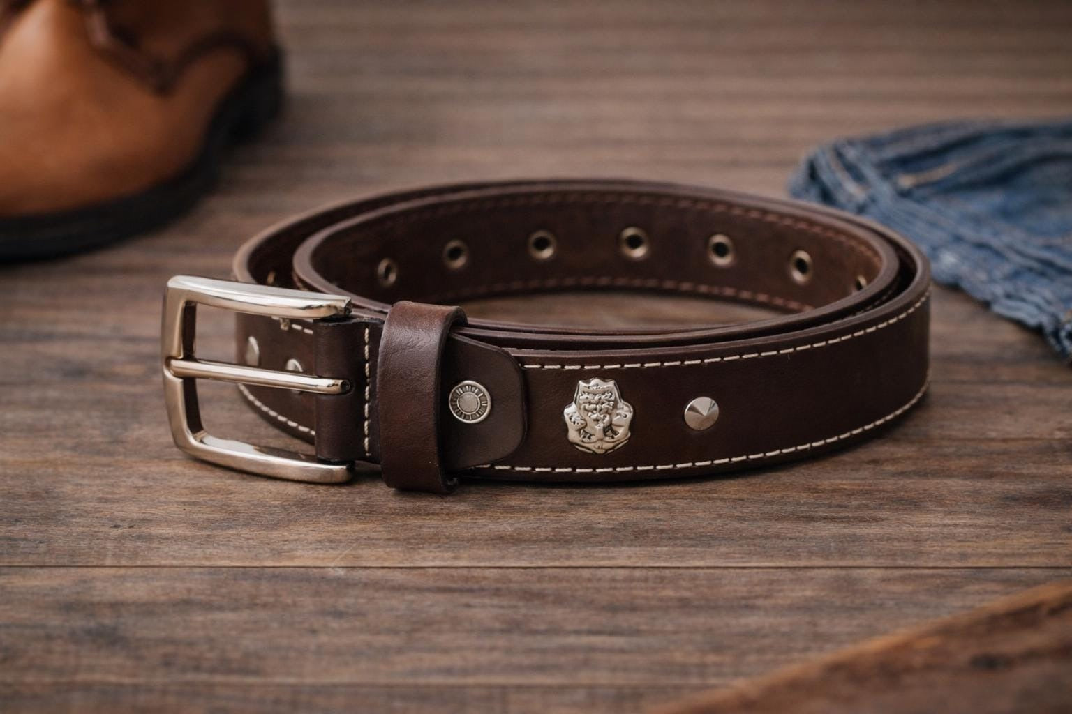 Unisex Brown Leather Stud Belt – Vintage Studded Leather Belt with Silver Buckle for Men & Women