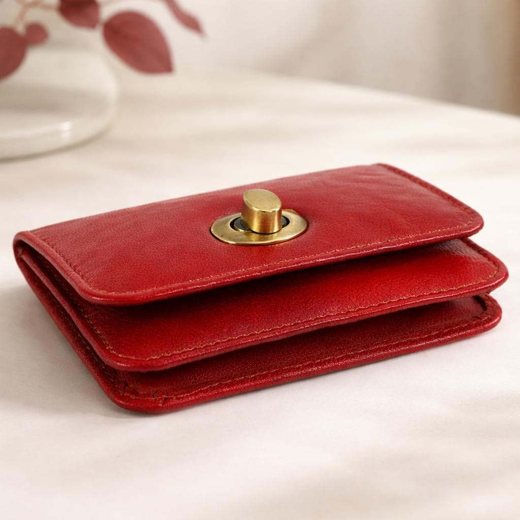 Premium Genuine Leather Wallet for Women Stylish Red Clutch Wallet with Button Closure Elegant Ladies Long Wallet