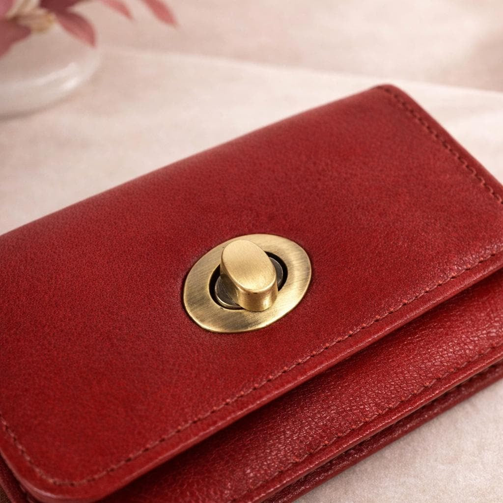 Premium Genuine Leather Wallet for Women Stylish Red Clutch Wallet with Button Closure Elegant Ladies Long Wallet