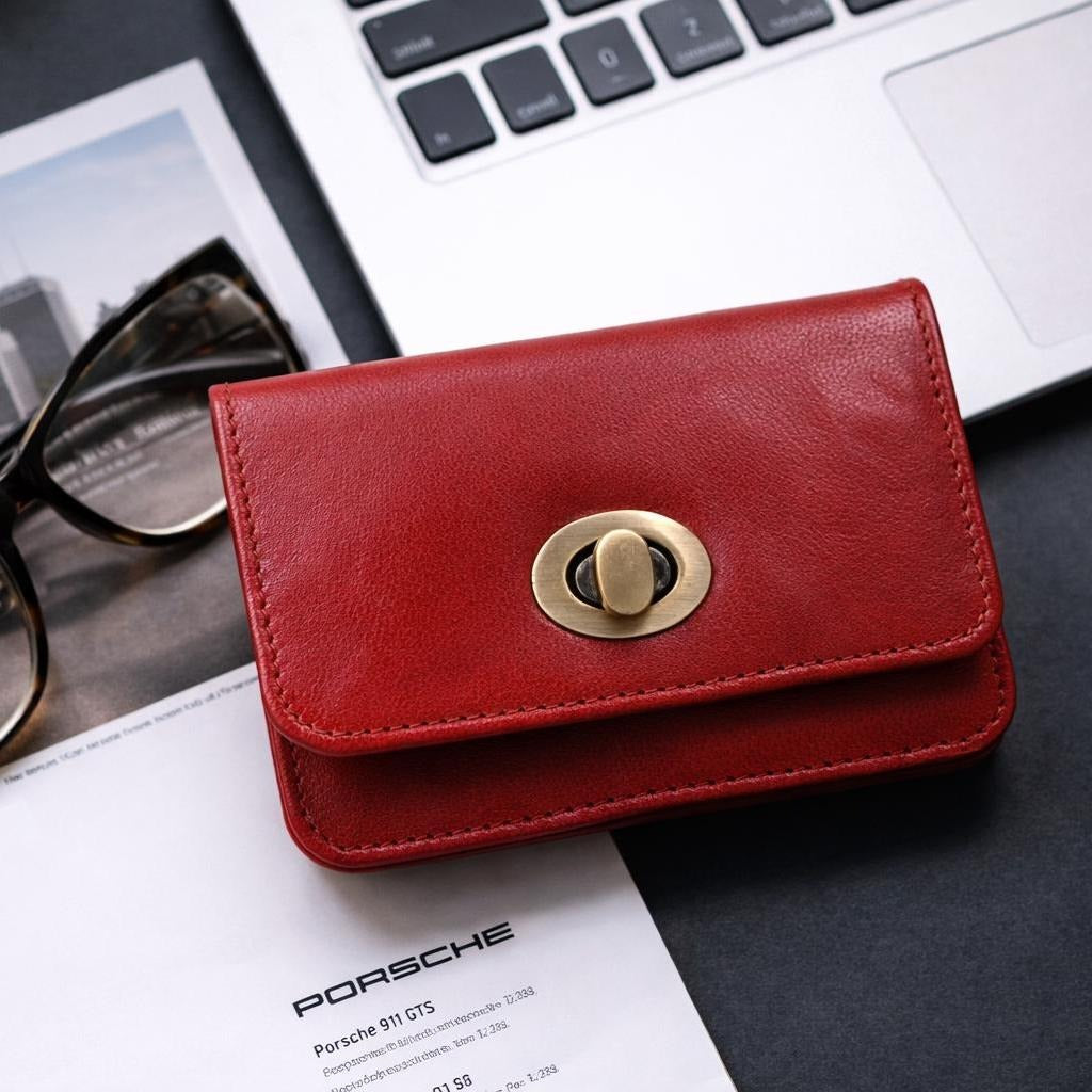 Premium Genuine Leather Wallet for Women Stylish Red Clutch Wallet with Button Closure Elegant Ladies Long Wallet