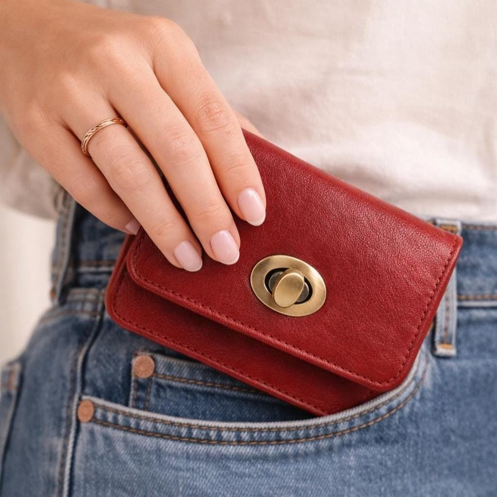 Premium Genuine Leather Wallet for Women Stylish Red Clutch Wallet with Button Closure Elegant Ladies Long Wallet