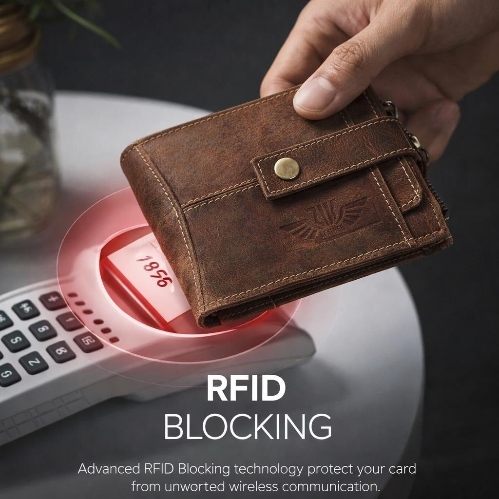 Unisex Genuine Leather Wallet RFID Blocking Trifold Wallet with Zipper & Coin Pocket Leather Wallet